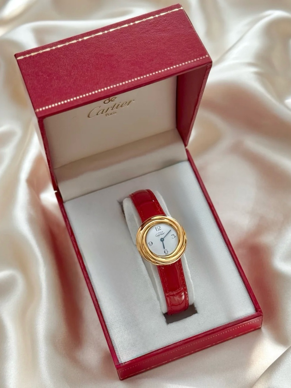 AUTHENTIC RARE VINTAGE CARTIER TRINITY RED LEATHER WATCH - WITH BOX
